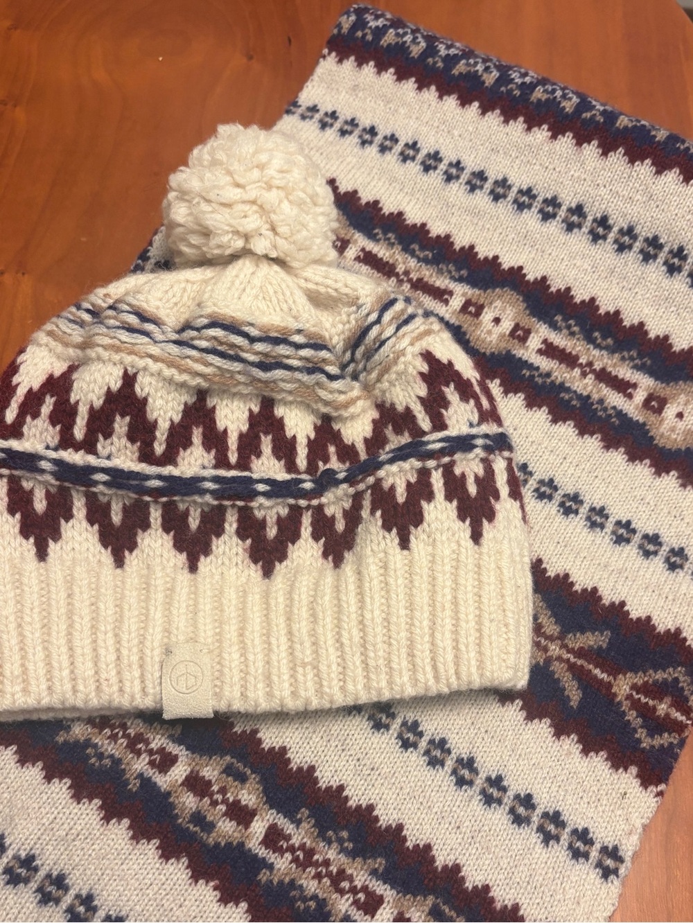 rag & bone cream & burgundy Fair Isle knit scarf & beanie set